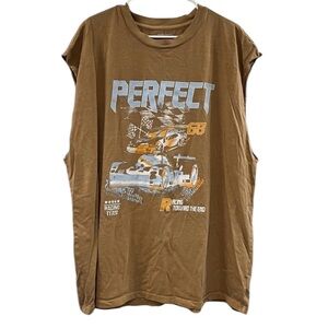 Men’s Car Racing Brown Graphic Cut Off Sleeve T-Shirt Size XL 100% Cotton